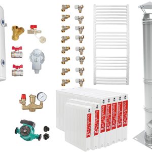 Pachet Centrala pe combustibil solid Fiama D2-40 Putere 46 kW, cu Ventilator si Automatizare, Puffer 1000 litri, Cos inox, Radiatoare Otel, Boiler Termoelectric, Pompa, Vas Expansiune si Fitinguri