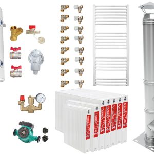 Pachet Centrala pe combustibil solid Fiama D2-60 Putere 70 kW, cu Ventilator si Automatizare, Puffer 1000 litri, Cos inox, Radiatoare Otel, Boiler Termoelectric, Pompa, Vas Expansiune si Fitinguri