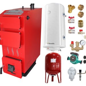 Pachet Cazan (centrala) pe combustibil solid, (lemn, carbune), Fornello Praktik 25 kW, Boiler, Vas Expansiune, Pompa, Fitinguri Montaj