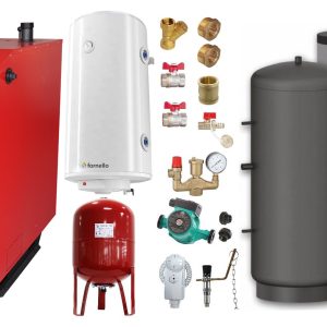 Pachet Cazan (centrala) pe combustibil solid, (lemn, carbune), Fornello Praktik 25 kW, Puffer 800 litri, Boiler, Vas Expansiune, Pompa, Fitinguri Montaj