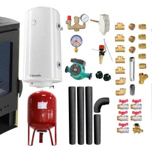 Pachet Termosemineu pe lemne, brichete si carbune Fornello Matera Ivory 27 kW, Radiatoare Otel, Boiler Termoelectric, Vas Expansune, Pompa, Kit evacuare si Fitinguri Montaj