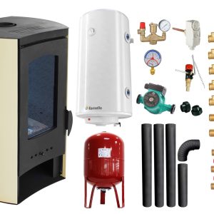 Pachet Termosemineu pe lemne, brichete si carbune Fornello Matera Ivory 27 kW, Boiler Termoelectric, Vas Expansune, Pompa, Kit evacuare si Fitinguri Montaj