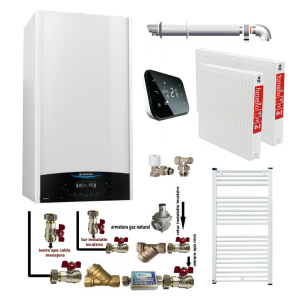 Pachet apartament cu o camera, centrala termica murala in condensare Ariston Genus One+ 24, Gaz, 24 kW, kit de evacuare inclus, termostat Salus IT 500, calorifere otel, kit armaturi centrala, robineti calorifere