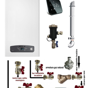 Centrala termica pe gaz in condensare Ariston CARES S 24 kW, clasa A, LCD, model nou, Salus IT500 wifi termostat ambient cu control prin internet, filtru antimagnetita si pachet instalare