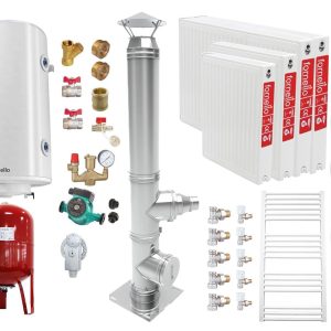 Pachet Cazan (centrala) pe combustibil solid tip lumanare Fornello Turbo 50 kW, Puffer 800 litri, Cos Inox, Radiatoare Otel, Boiler, Vas Expansiune, Pompa, Fitinguri Montaj