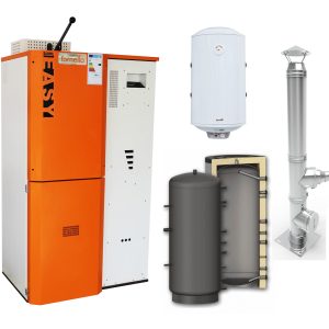 Pachet Centrala pe peleti Fornello Slimpell Easy 40 kw, arzator din inox, pompa de circulatie, tiraj fortat, buncar 88 kg, Ecodesign A+, Puffer P 500l, Cos inox 6 ml 120 mm, Boiler Termoelectric Fornello 100l