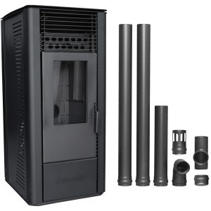 Pachet Semineu soba pe peleti cu aer cald, Fornello Sophia Premium 11 kw, aprindere electrica, tiraj fortat, telecomanda, culoare Black, recomandat pentru 110 mp, focar din fonta, capacitate buncar 22 kg, Kit evacuare 2.5 ml