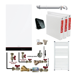 Pachet apartament cu 2 camere, centrala termica murala cu condensare Viessmann Vitodens 050-W tip B0KA 19 kW, termostat Salus IT 500,kit evacuare inclus, calorifere otel, kit armaturi centrala, robineti calorifer