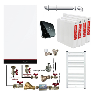 Pachet apartament cu 3 camere, centrala termica murala cu condensare Viessmann Vitodens 050-W tip B0KA 19 kW, termostat Salus IT 500, kit evacuare inclus, calorifere otel, kit armaturi centrala, robineti calorifere