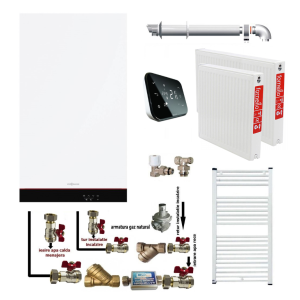 Pachet apartament cu o camera, centrala termica murala cu condensare Viessmann Vitodens 050-W tip B0KA 25 kW,termostat Salus IT 500, kit evacuare inclus, calorifere otel, kit armaturi centrala, robineti calorifer