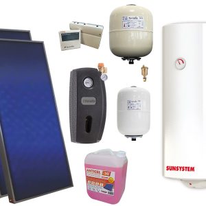 Pachet solar premium, presurizat, 2x panou plan Sunsystem PК SL FP 2.0, Boiler cu 2 serpentine Sunsystem BB NL2 150 PRL 2S, controller, vas expansiune solar, vas expansiune sanitar, grup pompare Fornello (pompa OHI), aerisitor, antigel