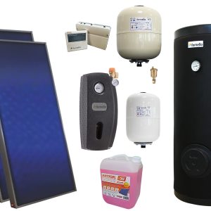 Pachet solar premium, presurizat, 2x panou plan Sunsystem PК SL FP 2.4, Boiler cu 2 serpentine Fornello SOL 200 LT 2S, controller, vas expansiune solar, vas expansiune sanitar, grup pompare Fornello (pompa OHI), aerisitor 1/2, antigel