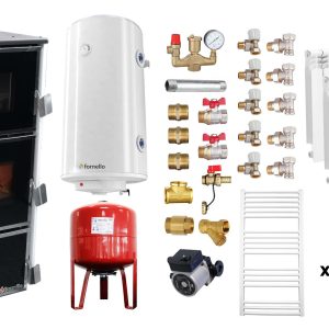 Pachet Termosemineu Fornello Dila Eco Plus 29 kw, cu cuptor, pe combustibil solid ( lemn,carbune,bricheti ), Calorifere aluminiu, Boiler Fornello gcvs 100 l, vas expansiune, pompa circulare grundfos, termometru, termostat si fitinguri montaj