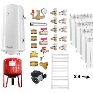 Pachet Termosemineu Fornello Dila Eco Plus 29 kw, cu cuptor, pe combustibil solid ( lemn,carbune,bricheti ), Cos evacuare, Calorifere aluminiu, Boiler Fornello gcvs 100 l, vas expansiune, pompa circulare grundfos, termometru, termostat si fitinguri