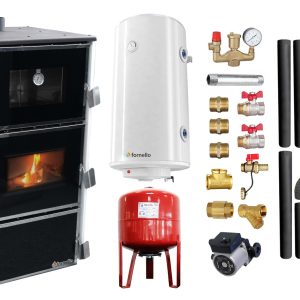 Pachet Termosemineu Fornello Dila Eco Plus 29 kw, cu cuptor, pe combustibil solid ( lemn,carbune,bricheti ), Cos evacuare, Boiler Fornello gcvs 100 l, vas expansiune, pompa circulare grundfos, termometru, termostat si fitinguri