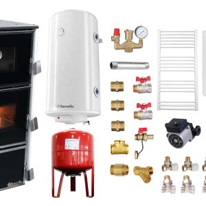 Pachet Termosemineu Fornello Dila Eco Plus 29 kw, cu cuptor, pe combustibil solid ( lemn,carbune,bricheti ), Radiatoare Otel, Boiler Fornello gcvs 100 l, vas expansiune, pompa circulare grundfos, termometru, termostat si fitinguri