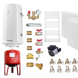 Pachet Termosemineu Fornello Dila Eco Plus 29 kw, cu cuptor, pe combustibil solid ( lemn,carbune,bricheti ), Cos evacuare, Radiatoare Otel, Boiler Fornello gcvs 100 l, vas expansiune, pompa circulare grundfos, termometru, termostat si fitinguri