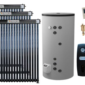 Pachet sistem solar presurizat, panou Fornello 3x 20 Tuburi Heat Pipe, Boiler cu 2 serpentine Eldom FV50080S21, 9000 W, 500 l, controller, vas expansiune, grup pompare, aerisitor 1/2, antigel