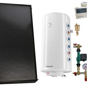 Pachet sistem solar presurizat, Panou solar plan Fornello 2.0 m² SPFP, Boiler cu 2 serpentine Fornello Optima GCV7/4S 120 l, grup pompare, controller, vas expansiune, antigel, aerisitor 1/2