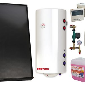 Pachet sistem solar presurizat, Panou solar plan Fornello 2.0 m² SPFP, Boiler cu 2 serpentine si rezistenta electrica Sunsystem MB NL2 100 litri, grup pompare, controller, vas expansiune, antigel, aerisitor 1/2