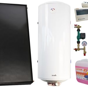 Pachet economic sistem solar presurizat, Panou solar plan Fornello 2.0 m² SPFP, Boiler termoelectric tanc in tanc Fornello Titanium Plus 100 litri, grup pompare, controller, vas expansiune, antigel, aerisitor 1/2