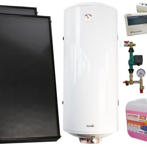 Pachet economic sistem solar presurizat, 2 x Panou solar plan Fornello 2.0 m² SPFP, Boiler termoelectric tanc in tanc Fornello Titanium Plus 150 litri, grup pompare, controller, vas expansiune, antigel, aerisitor 1/2