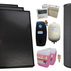 Pachet sistem solar presurizat, 3 x Panou solar plan Fornello 2.0 m² SPFP, Boiler cu 2 serpentine FIAMA WPC HT 300 LT 2S, grup pompare, controller, vas expansiune, antigel, aerisitor 1/2