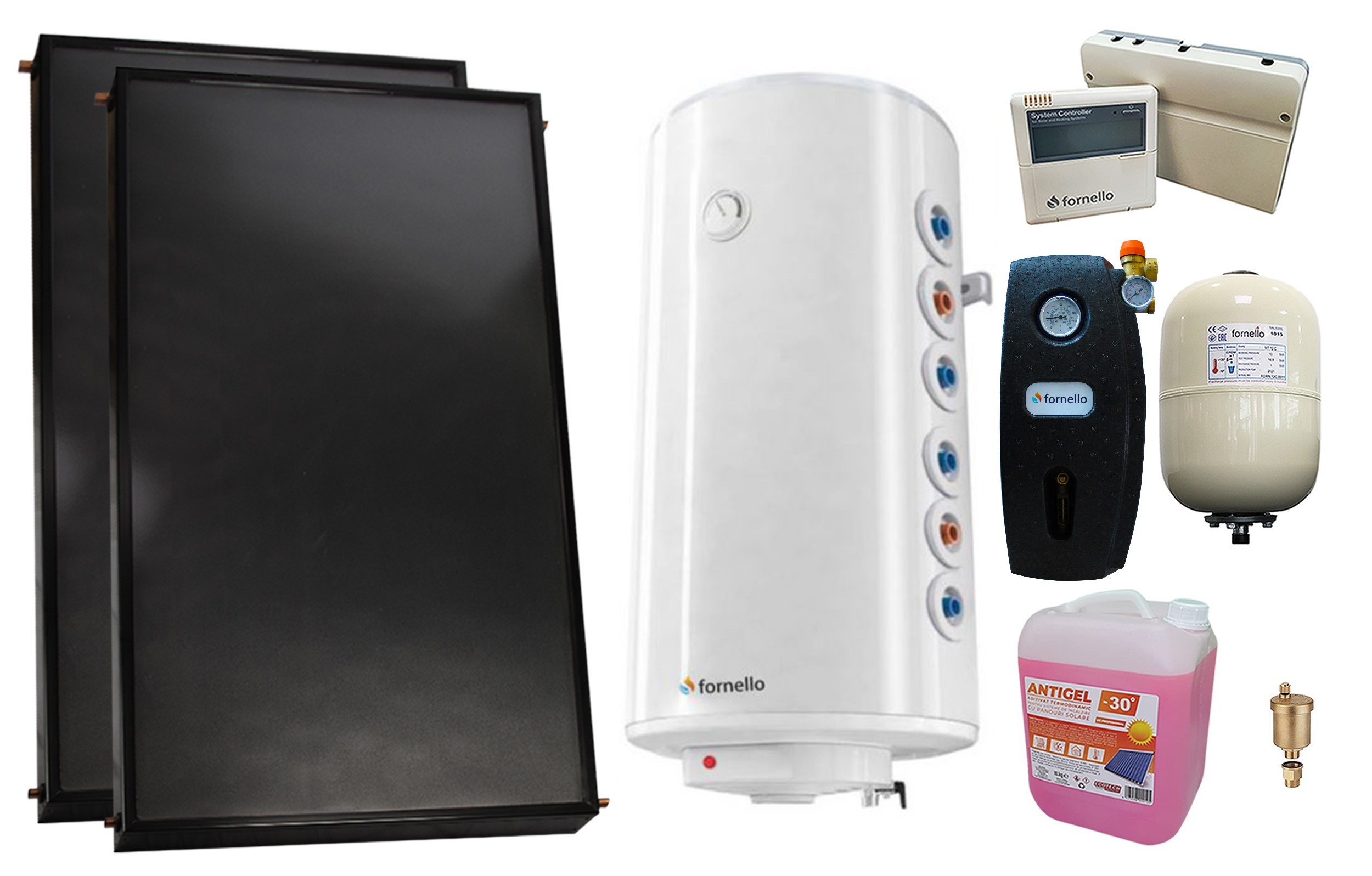 Pachet premium sistem solar presurizat, 2 x Panou solar plan Fornello 2.0 m² SPFP, Boiler cu 2 serpentine Fornello Optima GCV7/4S 150 l, grup pompare, controller, vas expansiune, antigel, aerisitor 1/2 1 Pachet premium sistem solar presurizat, 2 x Panou solar plan Fornello 2.0 m² SPFP, Boiler cu 2 serpentine Fornello Optima GCV7/4S 150 l, grup pompare, controller, vas expansiune, antigel, aerisitor 1/2