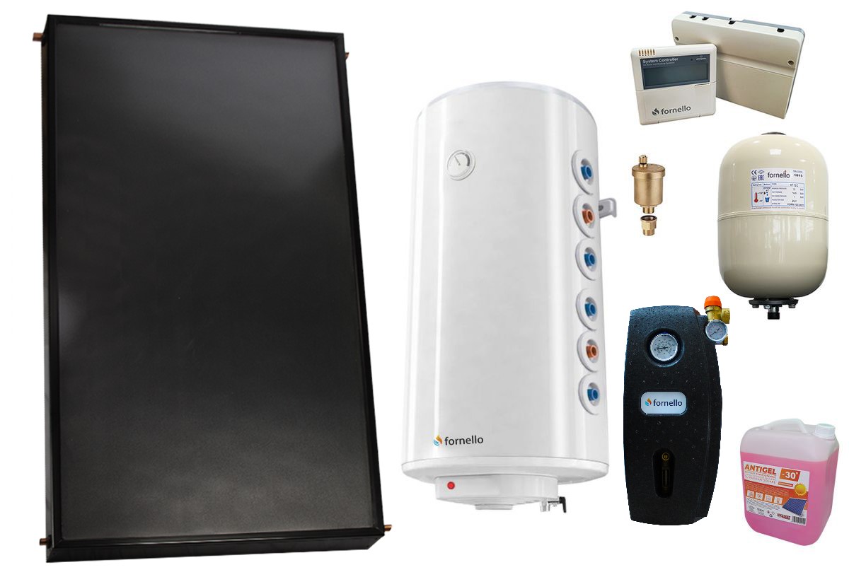 Pachet premium sistem solar presurizat, Panou solar plan Fornello 2.0 m² SPFP, Boiler cu 2 serpentine Fornello Optima GCV7/4S 120 l, grup pompare, controller, vas expansiune, antigel, aerisitor 1/2 1 Pachet premium sistem solar presurizat, Panou solar plan Fornello 2.0 m² SPFP, Boiler cu 2 serpentine Fornello Optima GCV7/4S 120 l, grup pompare, controller, vas expansiune, antigel, aerisitor 1/2