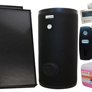 Pachet premium sistem solar presurizat, 2 x Panou solar plan Fornello 2.0 m² SPFP, Boiler cu 2 serpentine FORNELLO SOL 200 LT 2S, grup pompare, controller, vas expansiune, antigel, aerisitor 1/2