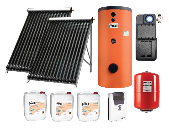 Pachet Panou Solar Ferroli ECOTUBE NEW 2x25 TUBURI vidate heatpipe, Boiler cu 2 serpentine 500 litri, grup circulatie fortata IDRO 12S EASY, Panou comanda ECOTRONIC PRO, Vas Expansiune si Antigel Solar 1 Pachet Panou Solar Ferroli ECOTUBE NEW 2x25 TUBURI vidate heatpipe, Boiler cu 2 serpentine 500 litri, grup circulatie fortata IDRO 12S EASY, Panou comanda ECOTRONIC PRO, Vas Expansiune si Antigel Solar