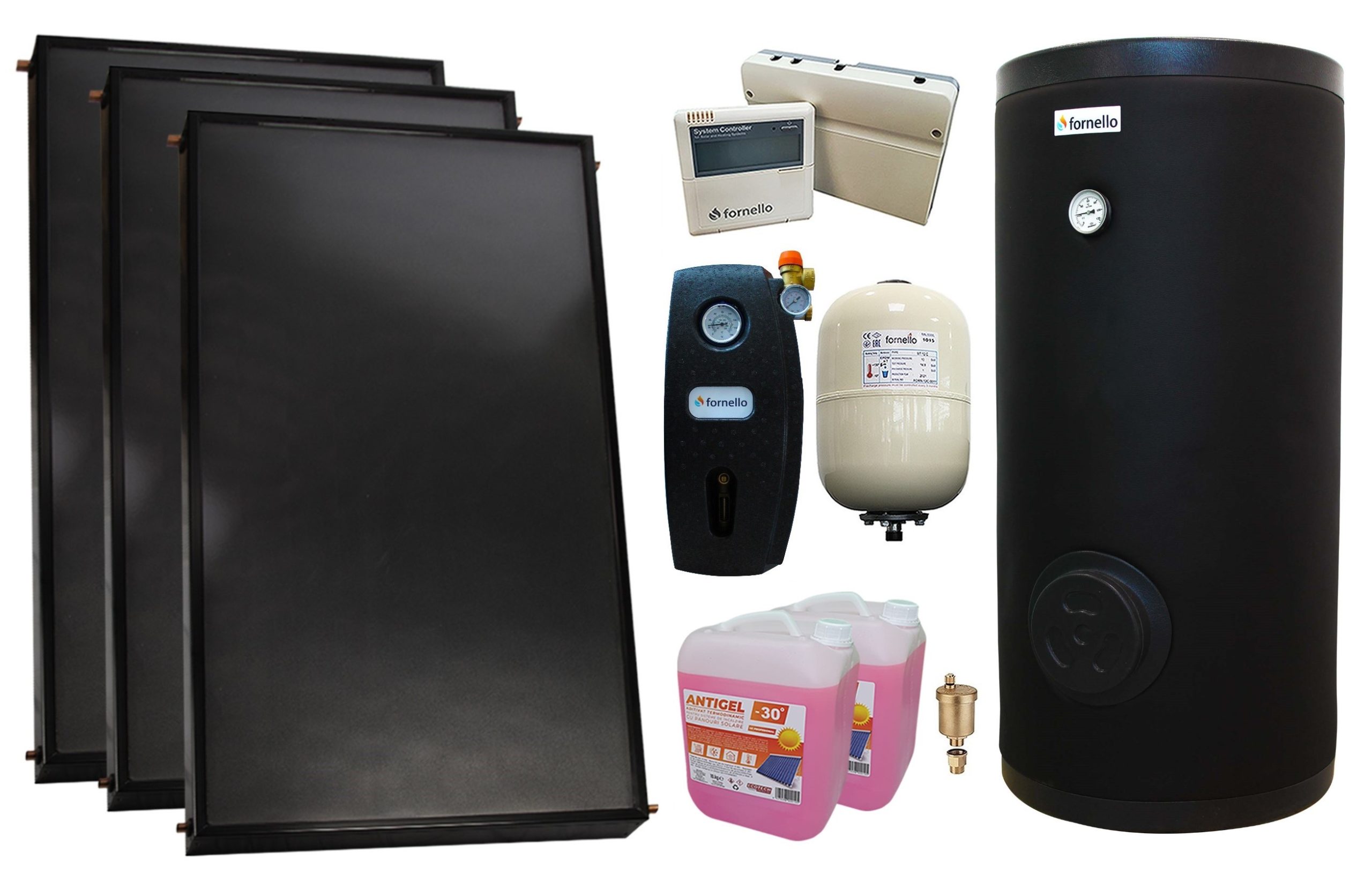 Pachet sistem solar presurizat, 3 x Panou solar plan Fornello 2.0 m² SPFP, Boiler cu 2 serpentine FORNELLO SOL 300 LT 2S, grup pompare, controller, vas expansiune, antigel, aerisitor 1/2 1 Pachet sistem solar presurizat, 3 x Panou solar plan Fornello 2.0 m² SPFP, Boiler cu 2 serpentine FORNELLO SOL 300 LT 2S, grup pompare, controller, vas expansiune, antigel, aerisitor 1/2