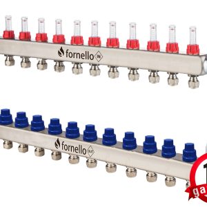 Distribuitor-Colector Fornello, echipat cu debitmetre, robineti si aerisitoare, inox, filet interior, 12 cai, 1""