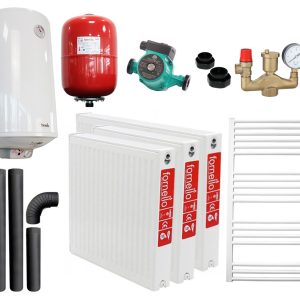Pachet incalzire si apa calda pentru 2 camere Termosemineu pe lemne, brichete si carbune Fornello Roma E, 22 kW, 49x45x103 cm, teava PPR cu fitinguri, boiler termoelectric 100l, vas expansiune, pompa circulatie, kit evacuare, calorifere si kit montaj