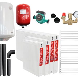 Pachet incalzire si apa calda pentru 3 camere Termosemineu pe lemne, brichete si carbune Fornello Roma E, Bordeaux, 22 kW, 49x45x103 cm, teava PPR si fitinguri, boiler termoelectric 100l, vas expansiune, pompa circulatie, kit evacuare, calorifere si