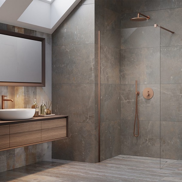 Perete sticla dus Walk In Radaway Modo New Brushed Copper II 100xH200 cm, profil cupru periat 1 Perete sticla dus Walk In Radaway Modo New Brushed Copper II 100xH200 cm, profil cupru periat