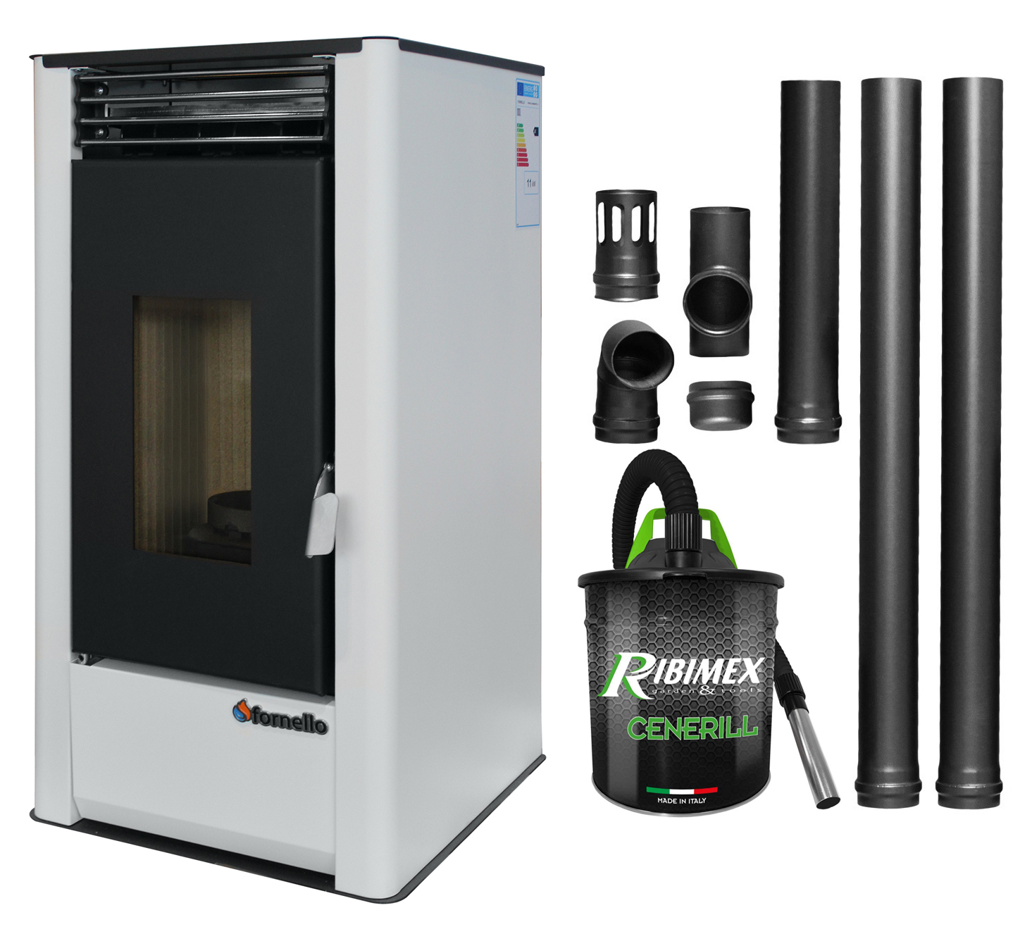 Pachet pentru incalzire Semineu (Soba) pe Peleti cu aer cald Fornello Air SmartPell 11 KW, culoare White, aspirator de cenusa si kit de evacuare 2,5 metri 1 Pachet pentru incalzire Semineu (Soba) pe Peleti cu aer cald Fornello Air SmartPell 11 KW, culoare White, aspirator de cenusa si kit de evacuare 2,5 metri