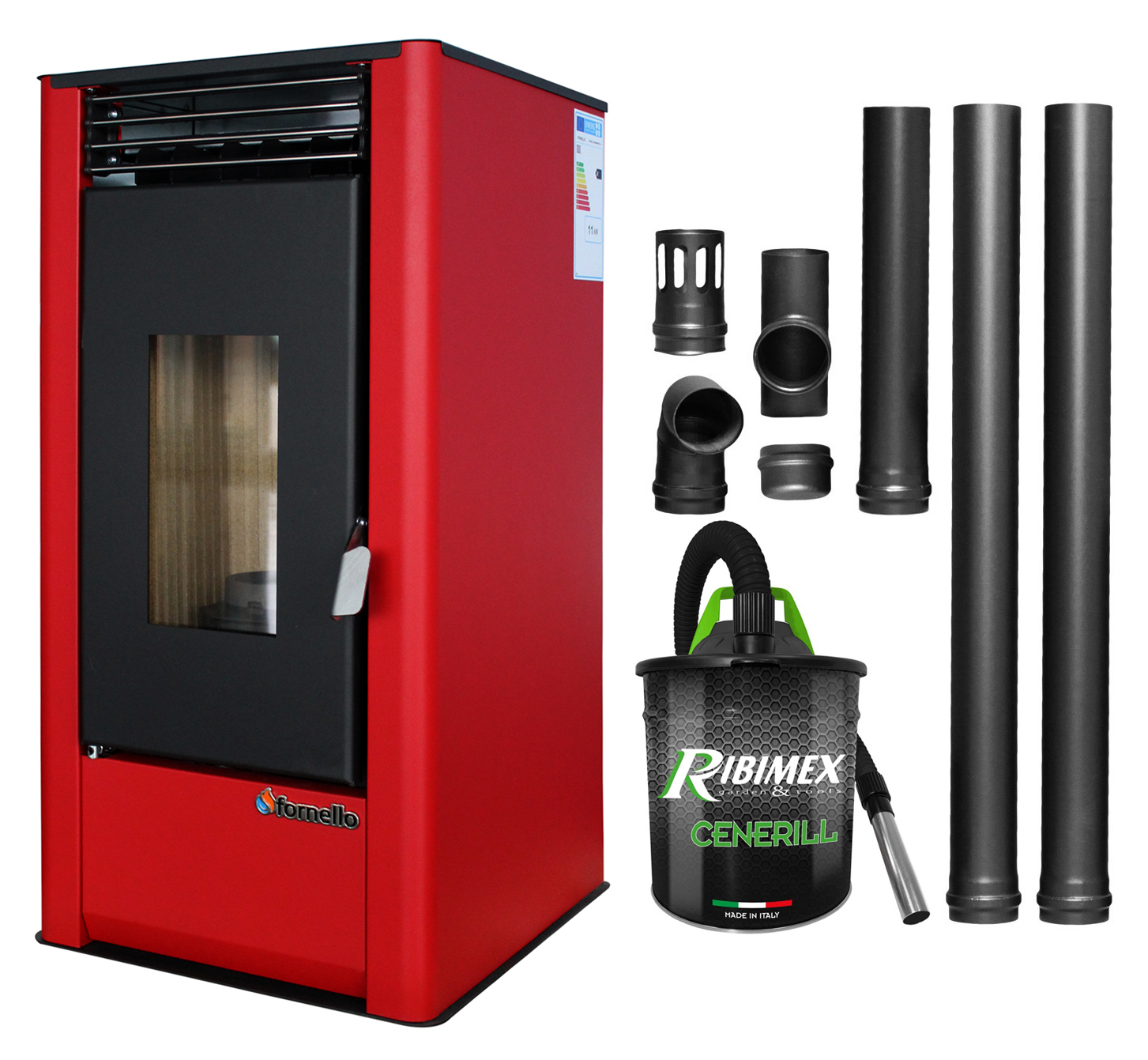 Pachet pentru incalzire Semineu (Soba) pe Peleti cu aer cald Fornello Air SmartPell 11 KW, culoare Bordeaux, aspirator de cenusa si kit de evacuare 2,5 metri 1 Pachet pentru incalzire Semineu (Soba) pe Peleti cu aer cald Fornello Air SmartPell 11 KW, culoare Bordeaux, aspirator de cenusa si kit de evacuare 2,5 metri
