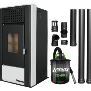 Pachet pentru incalzire Semineu (Soba) pe Peleti cu aer cald Fornello Magnesia 9 KW, culoare White, aspirator de cenusa si kit de evacuare 2,5 metri